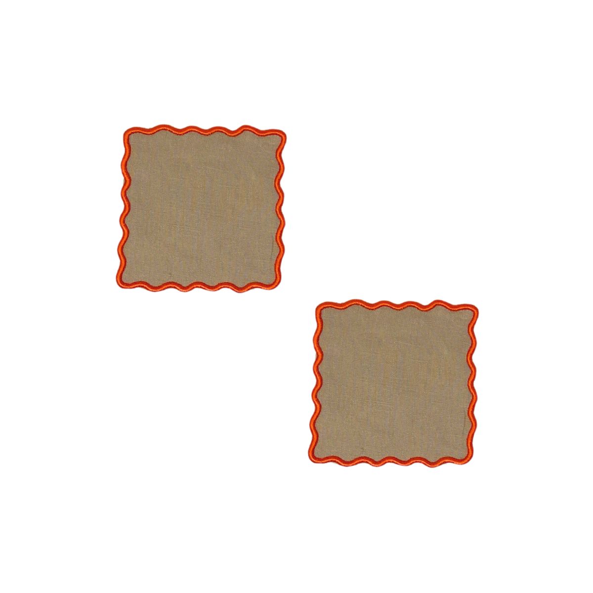 18 Square Scalloped Coaster Grey Linen Orange Set of 2 - Image 1